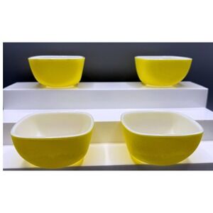 Pyrex 701 Chartreuse Yellow Square Milk Glass Bowls Set of 4 Vintage MCM 4 Inch